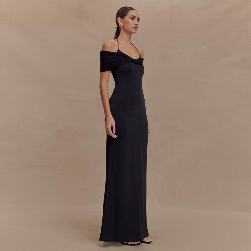 Black Straps Low Cut Mesh Pleated Evening Party Prom Maxi Dress