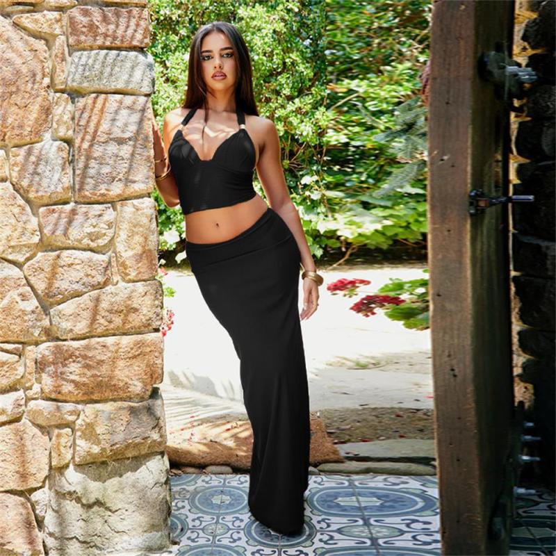 Black Metal Straps V Neck Two Pieces Pleated Striped Women Party Skirt Dress