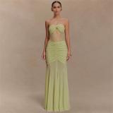 Green Off Shoulder Elegant Pleated Lace See Through Bodycon Evening Formal Dress