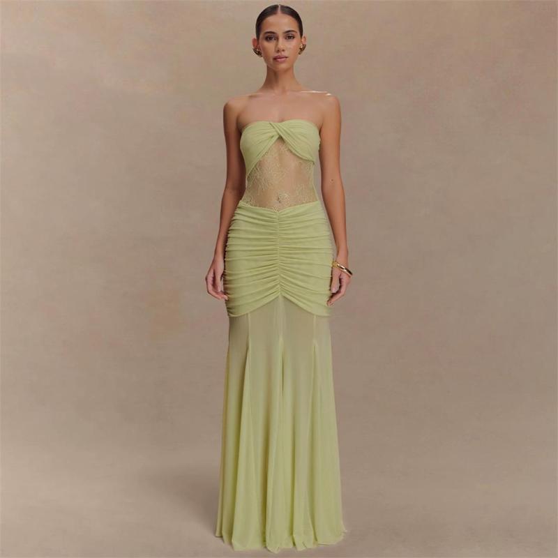 Green Off Shoulder Elegant Pleated Lace See Through Bodycon Evening Formal Dress