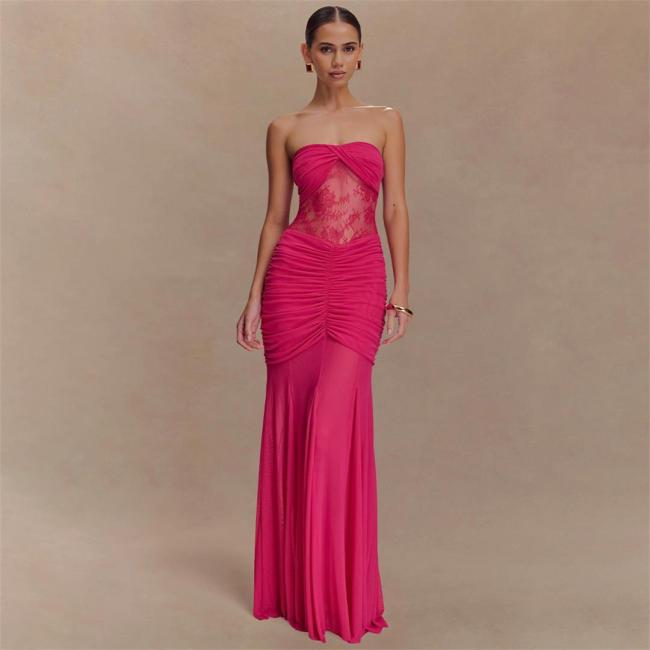 Rose Red Off Shoulder Elegant Pleated Lace See Through Bodycon Evening Formal Dress