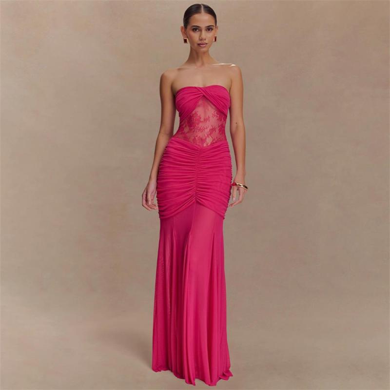 Rose Red Off Shoulder Elegant Pleated Lace See Through Bodycon Evening Formal Dress