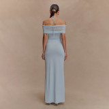 Light Blue Straps Low Cut Mesh Pleated Evening Party Prom Maxi Dress