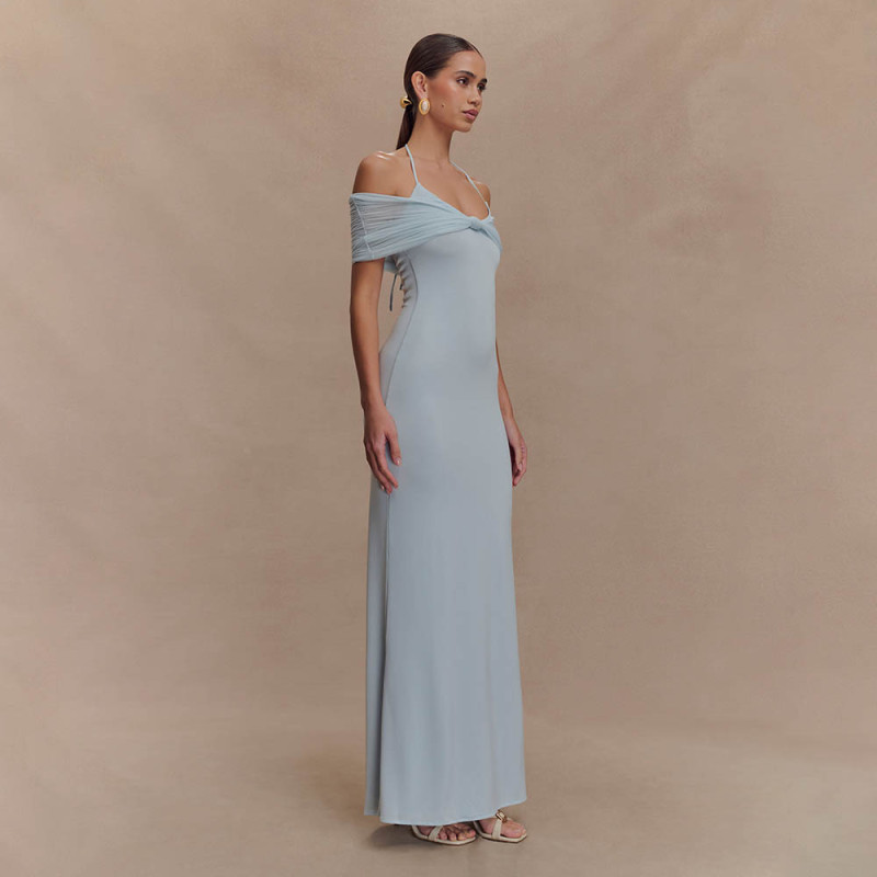 Light Blue Straps Low Cut Mesh Pleated Evening Party Prom Maxi Dress