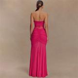 Rose Red Off Shoulder Elegant Pleated Lace See Through Bodycon Evening Formal Dress