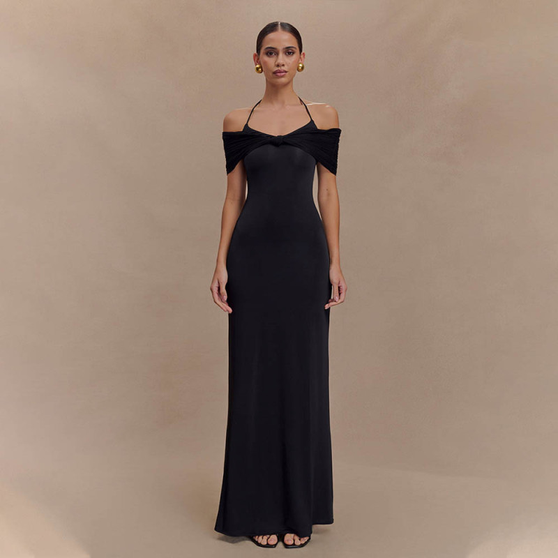 Black Straps Low Cut Mesh Pleated Evening Party Prom Maxi Dress