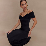 Black Straps Low Cut Mesh Pleated Evening Party Prom Maxi Dress