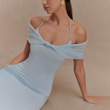 Light Blue Straps Low Cut Mesh Pleated Evening Party Prom Maxi Dress
