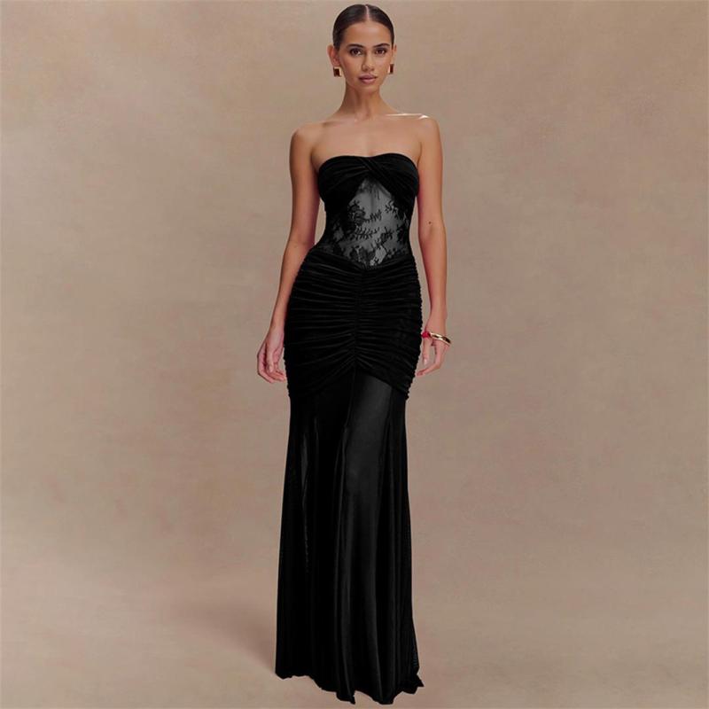 Black Off Shoulder Elegant Pleated Lace See Through Bodycon Evening Formal Dress