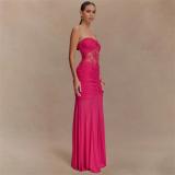 Rose Red Off Shoulder Elegant Pleated Lace See Through Bodycon Evening Formal Dress