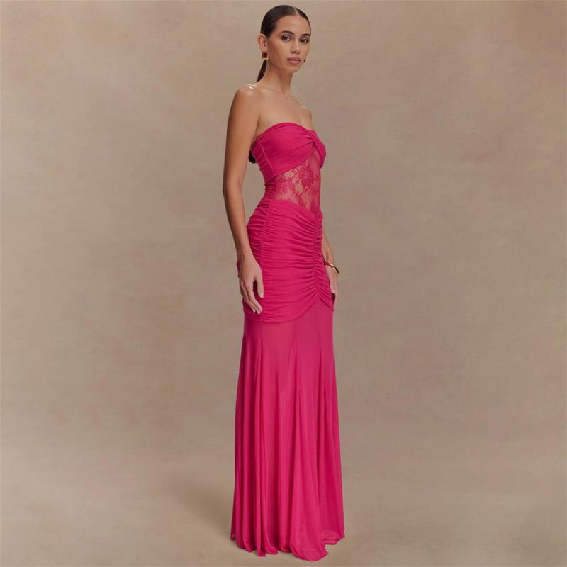Rose Red Off Shoulder Elegant Pleated Lace See Through Bodycon Evening Formal Dress