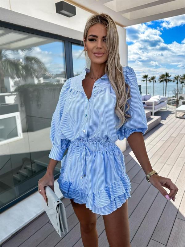 Blue Two Pieces Striped Women Fashion Street Club Dress