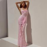 Pink Straps Low Cut Lace Hollow Out Ruffles Bodycon Party Long Dress
