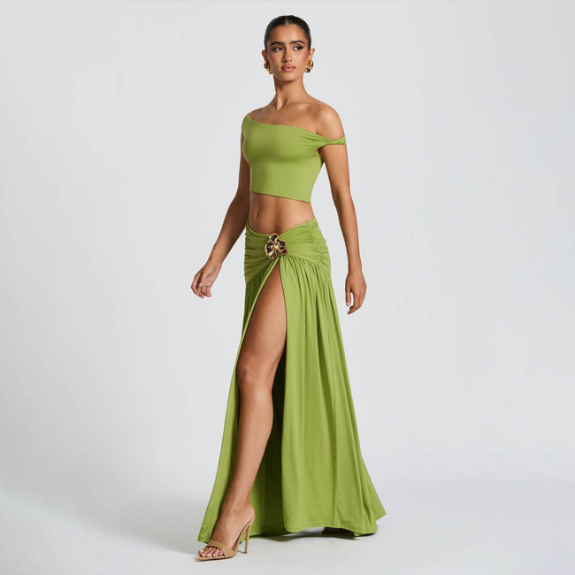 Green Two Pieces Hollow Out Women Elegant Party Club Maxi Dress