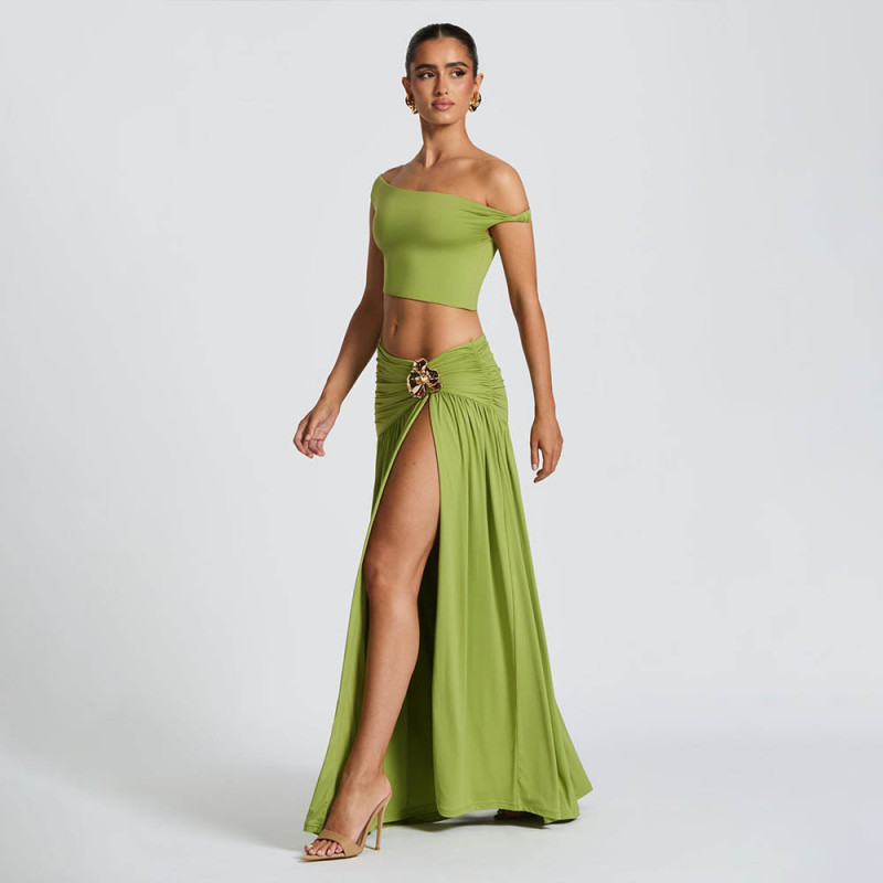 Green Two Pieces Hollow Out Women Elegant Party Club Maxi Dress