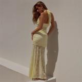 Yellow Straps Low Cut Lace Hollow Out Ruffles Bodycon Party Long Dress