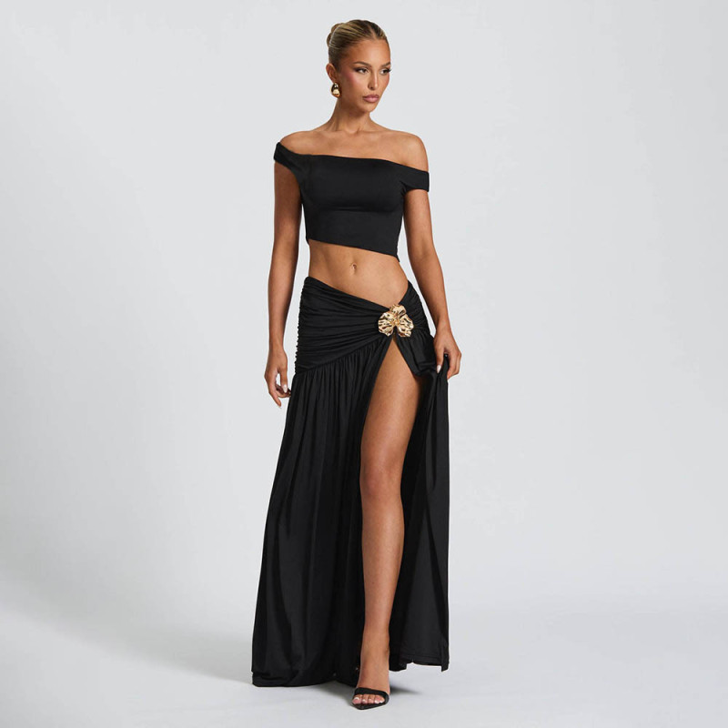 Black Two Pieces Hollow Out Women Elegant Party Club Maxi Dress