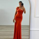 Orange Slanted Shoulders Off Shoulder Pleated Women Evening Party Formal Long Dress