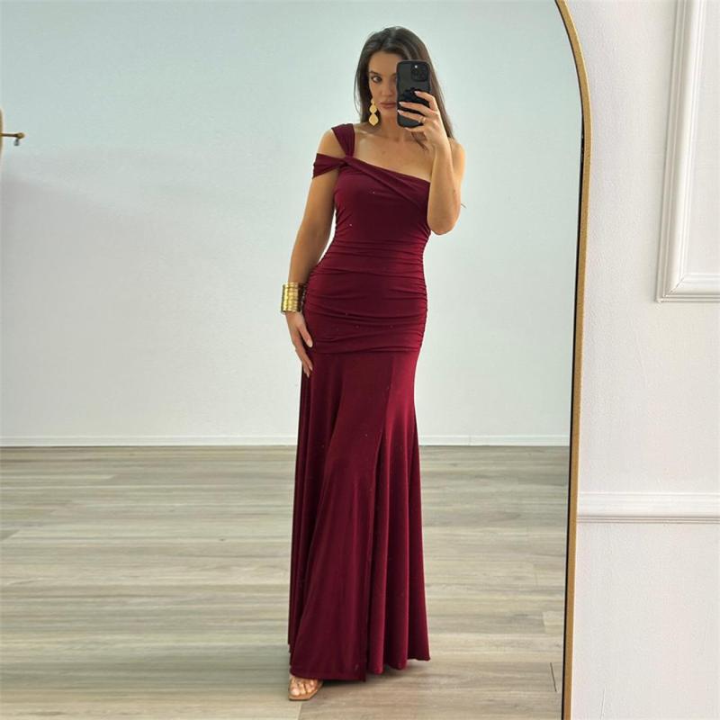 Claret Slanted Shoulders Off Shoulder Pleated Women Evening Party Formal Long Dress