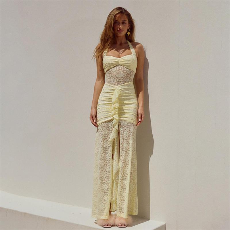 Yellow Straps Low Cut Lace Hollow Out Ruffles Bodycon Party Long Dress