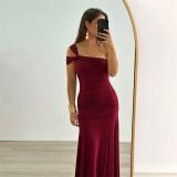 Claret Slanted Shoulders Off Shoulder Pleated Women Evening Party Formal Long Dress