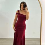 Claret Slanted Shoulders Off Shoulder Pleated Women Evening Party Formal Long Dress
