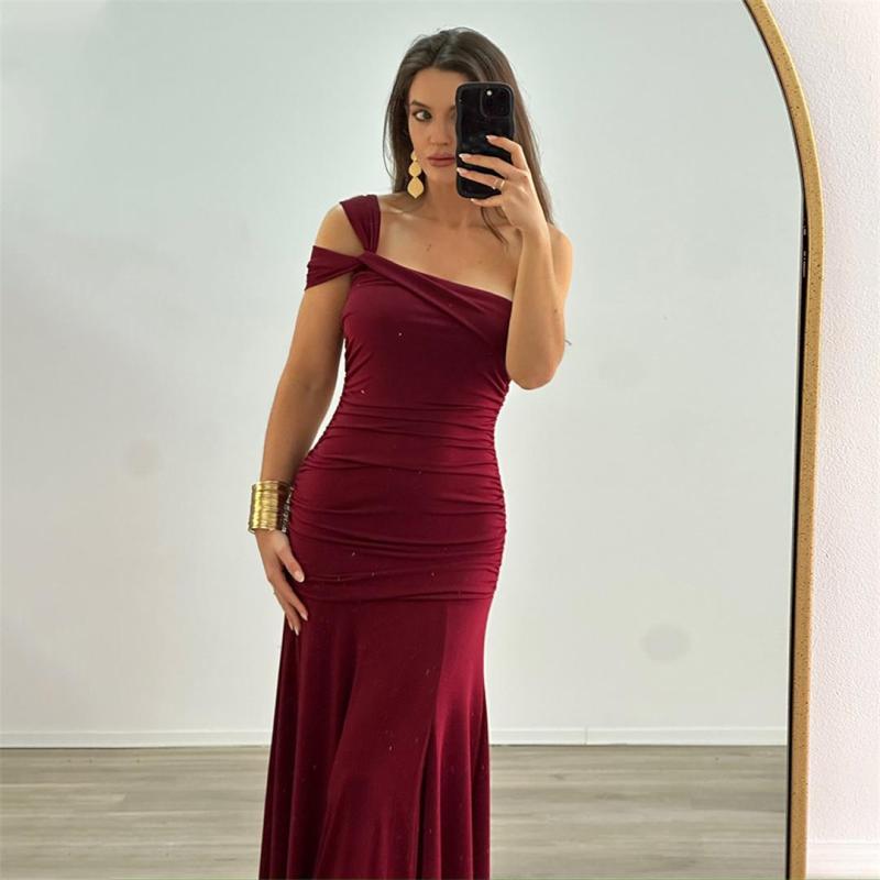 Claret Slanted Shoulders Off Shoulder Pleated Women Evening Party Formal Long Dress