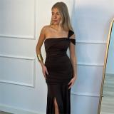 Brown Slanted Shoulders Off Shoulder Pleated Women Evening Party Formal Long Dress