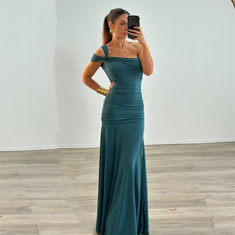 Green Slanted Shoulders Off Shoulder Pleated Women Evening Party Formal Long Dress