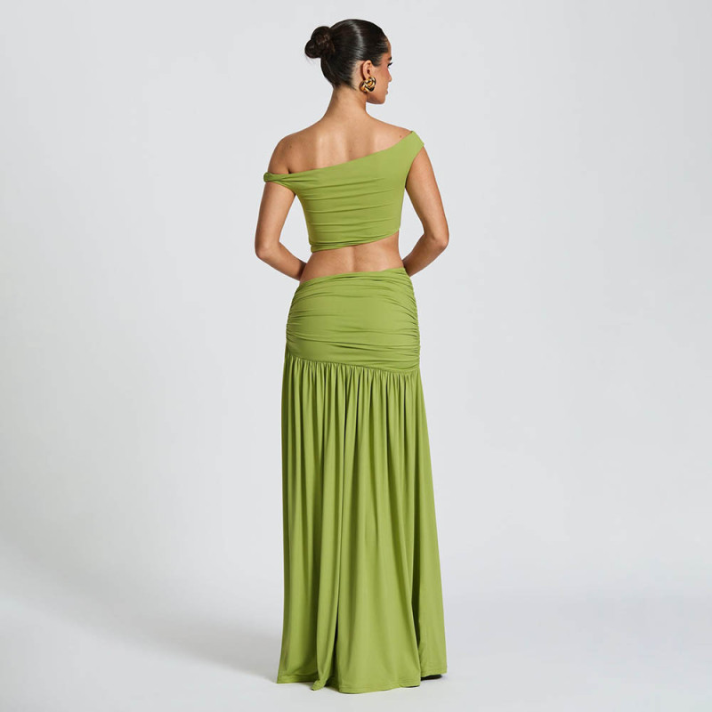 Green Two Pieces Hollow Out Women Elegant Party Club Maxi Dress