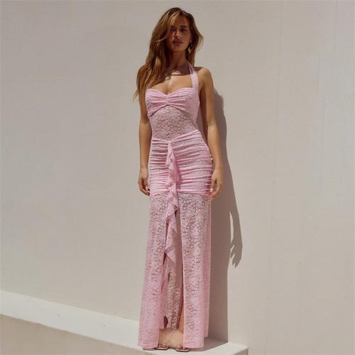 Pink Straps Low Cut Lace Hollow Out Ruffles Bodycon Party Long Dress