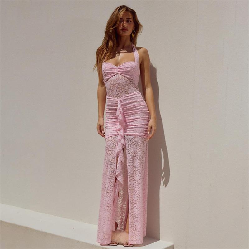 Pink Straps Low Cut Lace Hollow Out Ruffles Bodycon Party Long Dress