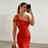 Orange Slanted Shoulders Off Shoulder Pleated Women Evening Party Formal Long Dress