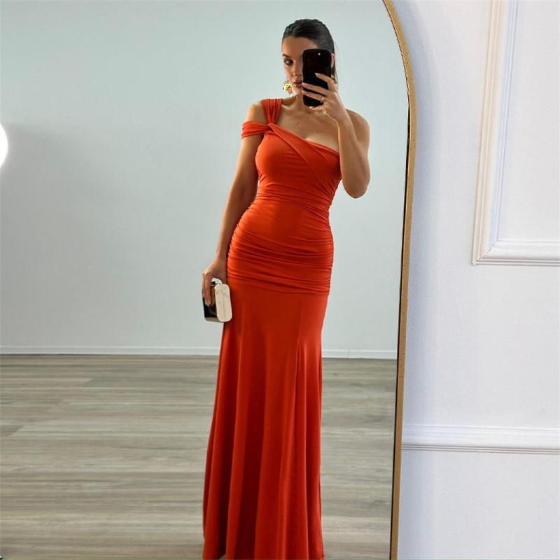 Orange Slanted Shoulders Off Shoulder Pleated Women Evening Party Formal Long Dress
