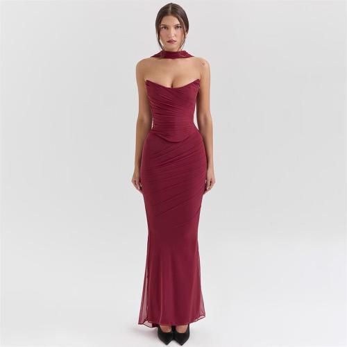 Claret Off Shoulder Mesh Pleated Two Pieces Women Evening Prom Party Long Dress