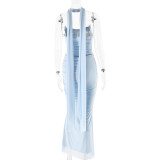 Blue Off Shoulder Mesh Pleated Two Pieces Women Evening Prom Party Long Dress