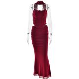 Claret Off Shoulder Mesh Pleated Two Pieces Women Evening Prom Party Long Dress