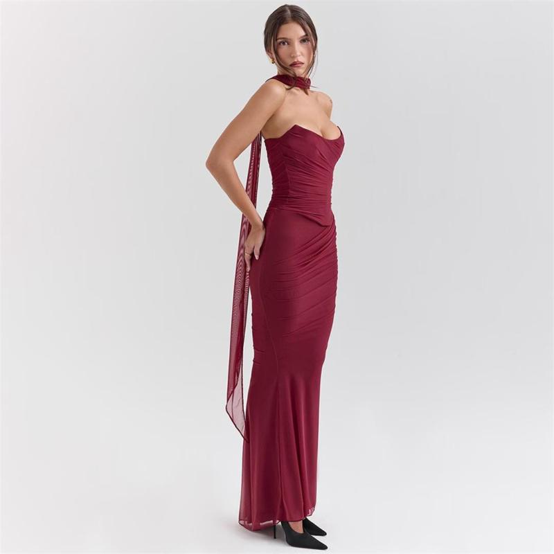 Claret Off Shoulder Mesh Pleated Two Pieces Women Evening Prom Party Long Dress