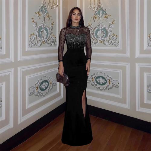 Black Mesh Rhinestones Long Sleeve See Through Evening Luxury Party Maxi Dress