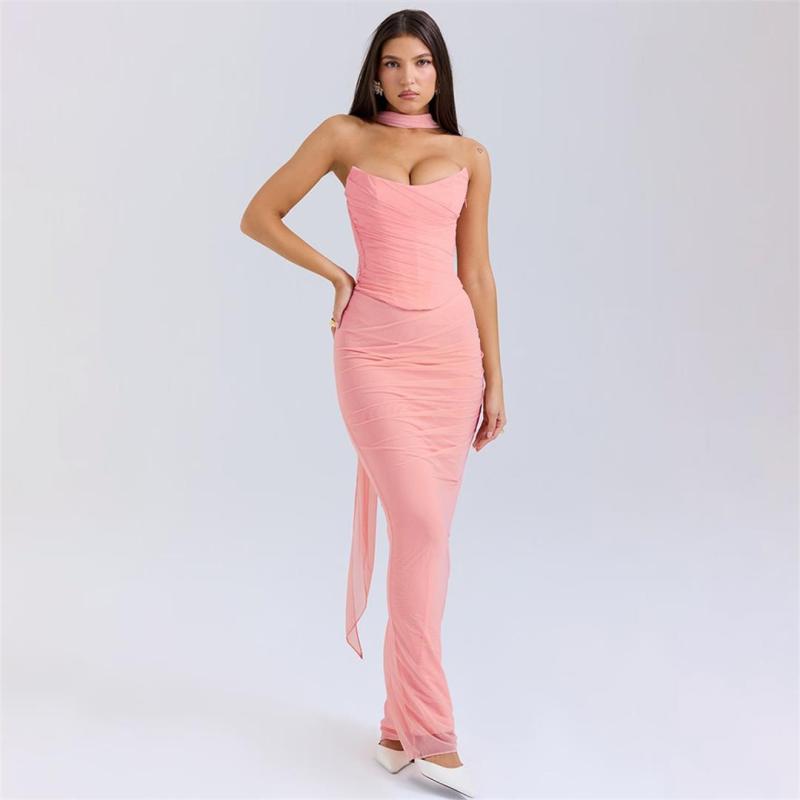 Pink Off Shoulder Mesh Pleated Two Pieces Women Evening Prom Party Long Dress