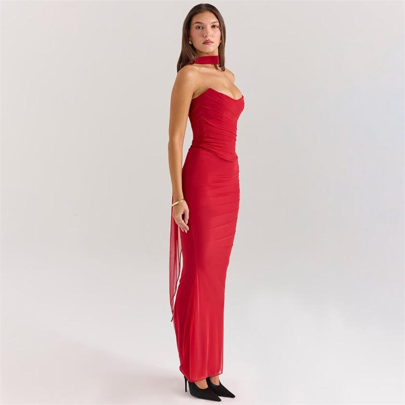 Red Off Shoulder Mesh Pleated Two Pieces Women Evening Prom Party Long Dress