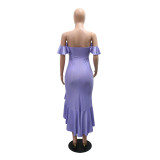 Purple Two Pieces Off Shoulder Crop Tops Pleated Ruffles Irregular Party Skirt Dress