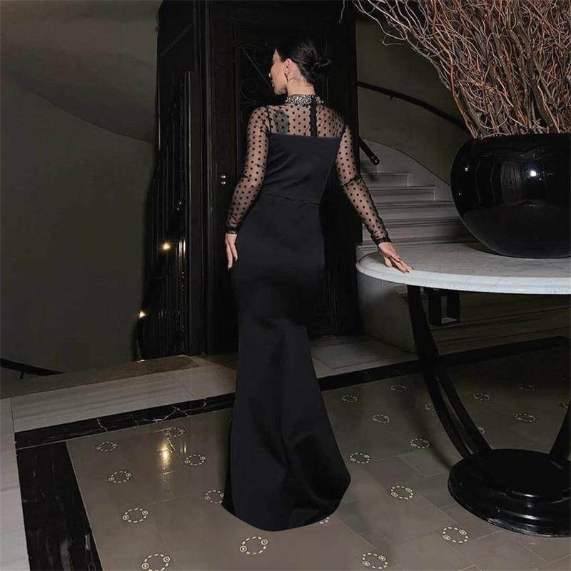Black Mesh Rhinestones Long Sleeve See Through Evening Luxury Party Maxi Dress