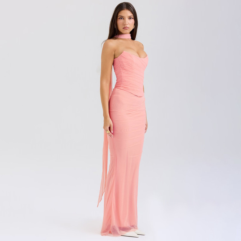 Pink Off Shoulder Mesh Pleated Two Pieces Women Evening Prom Party Long Dress