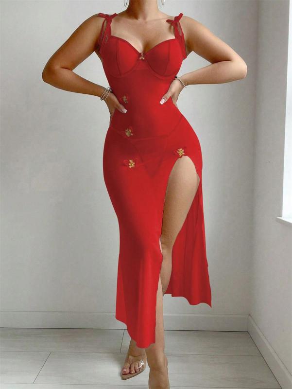 Red Straps V Neck Mesh See Through Erotic Evening Nights Sleepwear