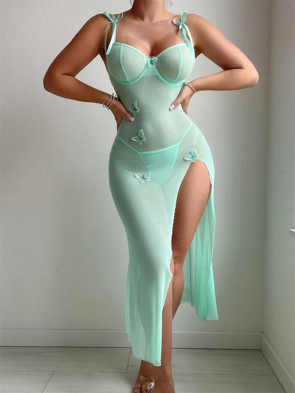 Green Straps V Neck Mesh See Through Erotic Evening Nights Sleepwear