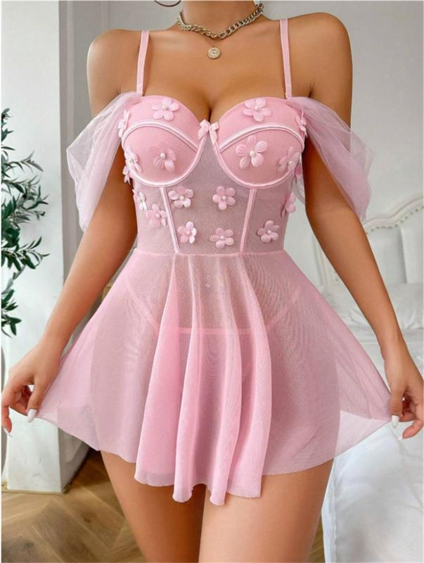 Pink Sexy Women's Mesh Embroidered Flower Nightgown Babydolls Lingerie
