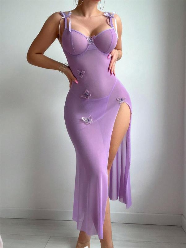 Purple Straps V Neck Mesh See Through Erotic Evening Nights Sleepwear 008