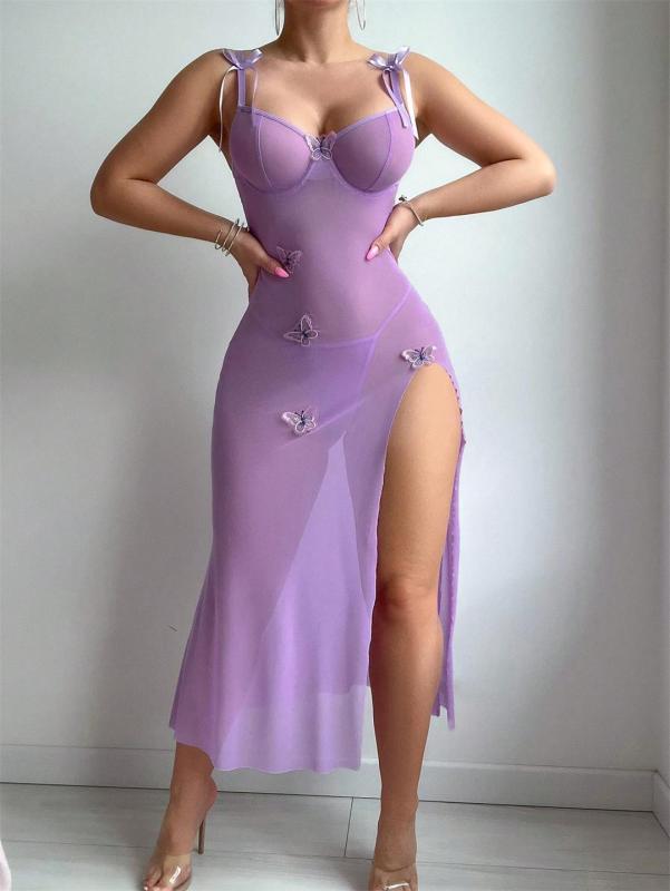 Purple Straps V Neck Mesh See Through Erotic Evening Nights Sleepwear 008
