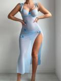 Light Blue Straps V Neck Mesh See Through Erotic Evening Nights Sleepwear